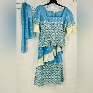 Dupsies Jamaican Caribbean Blue Cream Embroidered Dress Skirt Set w Scarf 12
